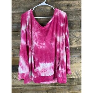 Women 50" Bust Pink Tie Dye Long Sleeve Stretchy Top With Pockets